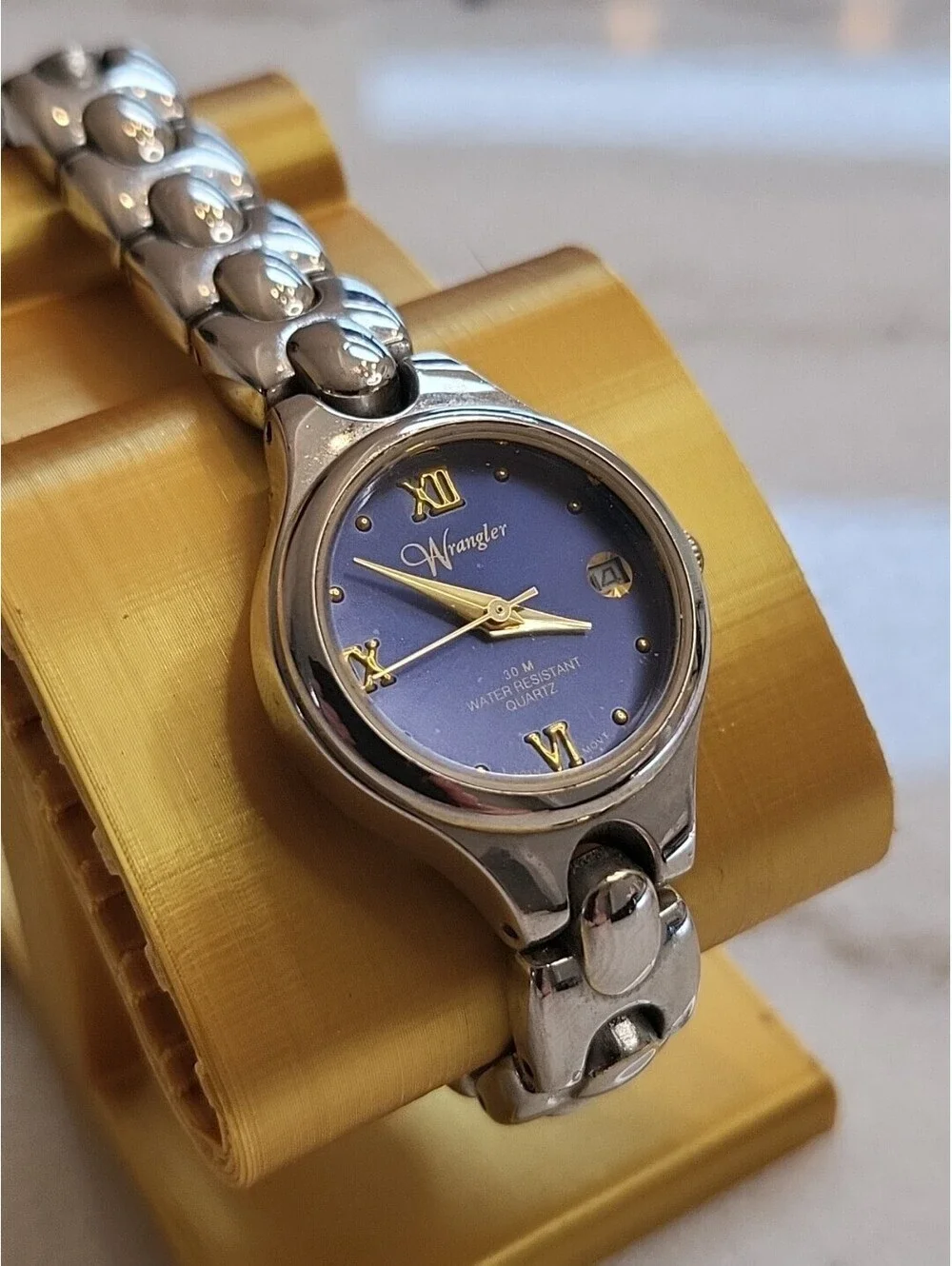 Vtg Womens Watch Wrangler Watch Classic Silver Tone SSteel Blue Dial Working EUC